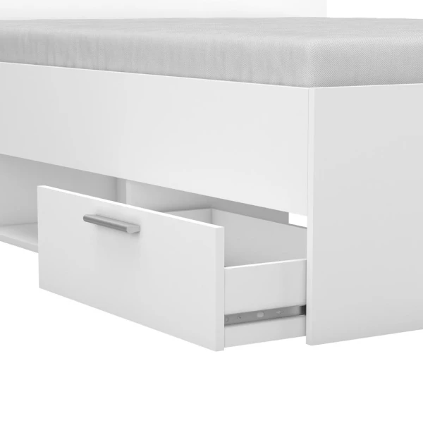 Tweepersoonsbed met hoofdbord, onderladen en plank. 140 x 190 cm. Modern en functioneel bed.