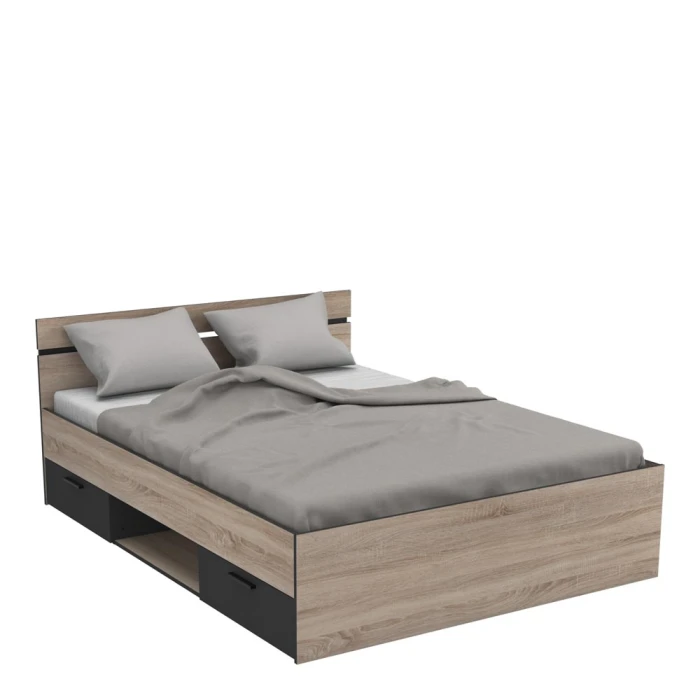 Tweepersoonsbed met hoofdbord, onderladen en plank. 140 x 190 cm. Modern en functioneel bed.
