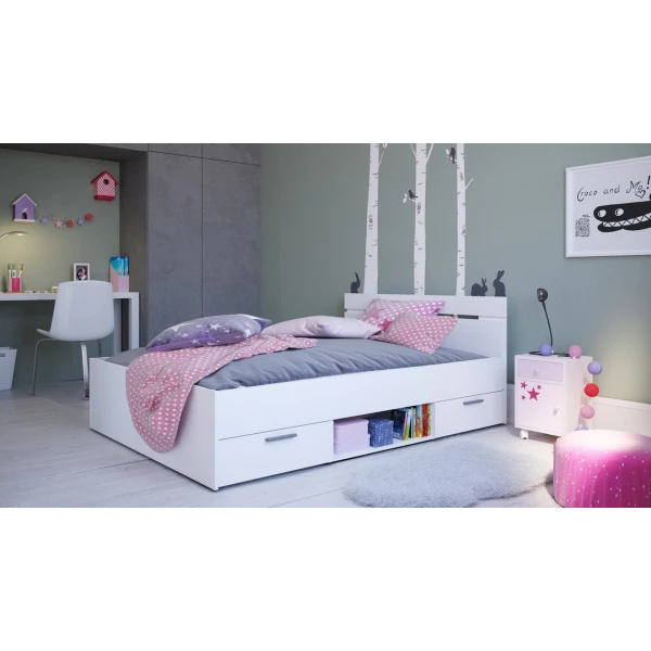 Tweepersoonsbed met hoofdbord, onderladen en plank. 140 x 190 cm. Modern en functioneel bed.