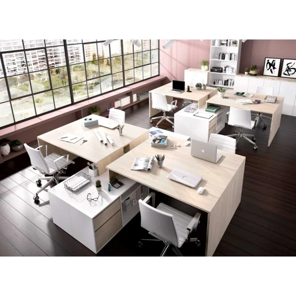 L-vormig bureau met lades en planken