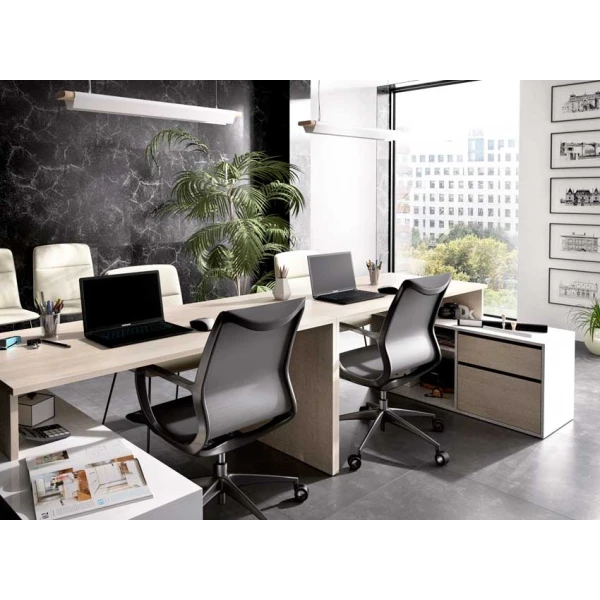 L-vormig bureau met lades en planken