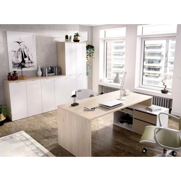 L-vormig bureau met lades en planken