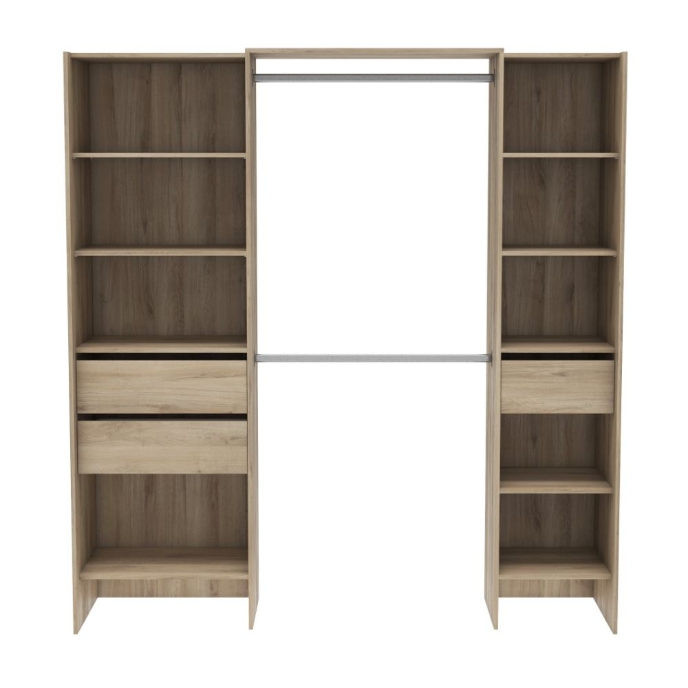 Open kleedkamer van 192 x 50 cm met 2 stangen, 3 laden en 9 planken. Grote opslagcapaciteit