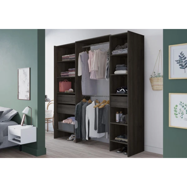 Open kleedkamer van 192 x 50 cm met 2 stangen, 3 laden en 9 planken. Grote opslagcapaciteit