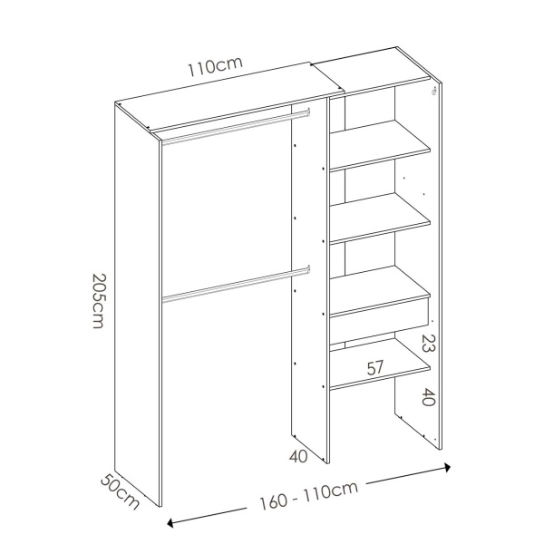 Open garderobe met lade en moderne gordijn. 2 kledingroedes. 4 planken. Open kast met gordijn.
