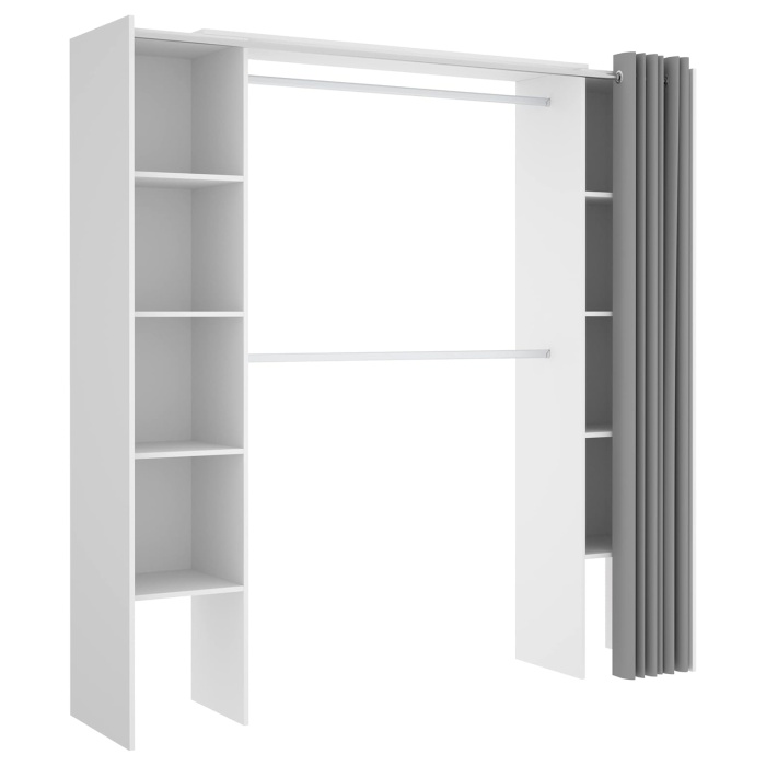 Open garderobe met 2 kolommen en gordijn. 2 kledingroedes. 10 planken. Verstelbare afmeting.