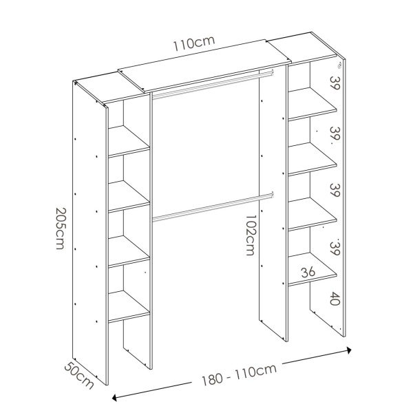 Open garderobe met 2 kolommen en gordijn. 2 kledingroedes. 10 planken. Verstelbare afmeting.