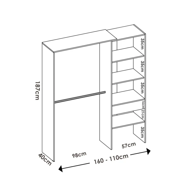 Kleedkamer met 2 stangen, lade en 4 planken. Open kast verstelbaar in afmetingen.