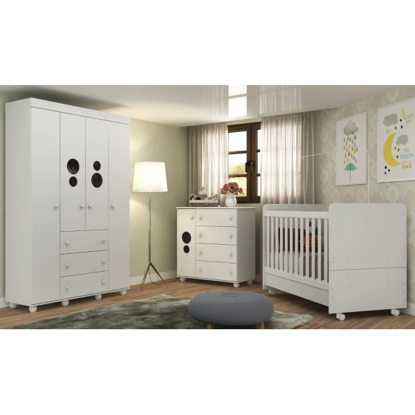 Kinderkast BUBBLES wit met 4 deuren en 3 lades, modern design en veel opbergruimte