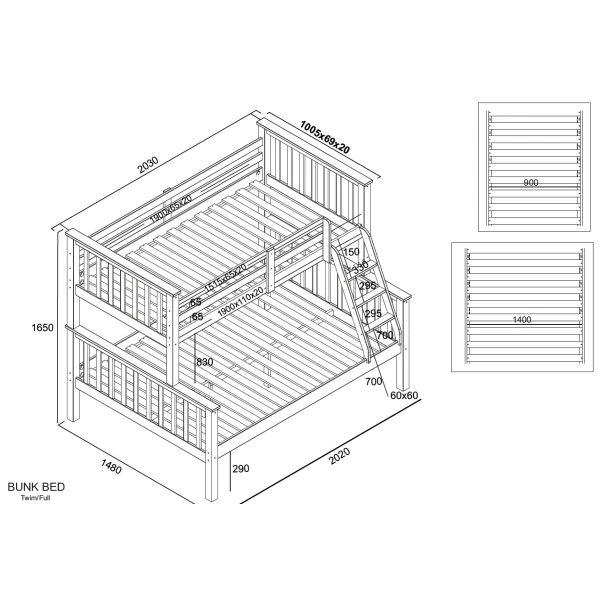 Technisch diagram van het houten matrimoniale stapelbed Arenas Vicawu met alle afmetingen