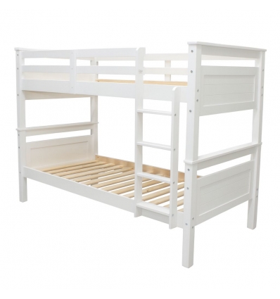 Wit houten stapelbed Titan Vicawu 90x190 met ladder en lattenbodems tegen witte achtergrond