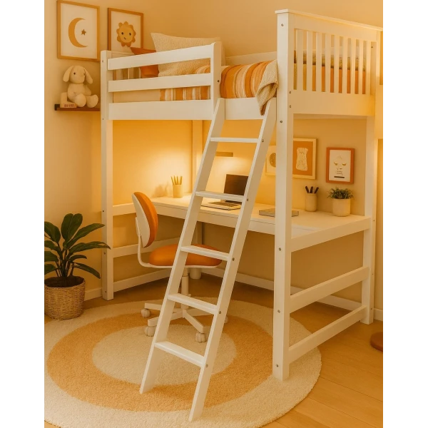 Wit hoogslaper met bureau in ingericht kinderplein – model Sophia Vicawu