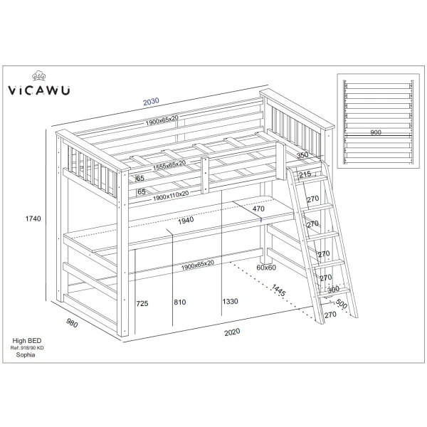 Technisch diagram van het hoogslaperbed met bureau Sophia Vicawu met gedetailleerde maten en afmetingen
