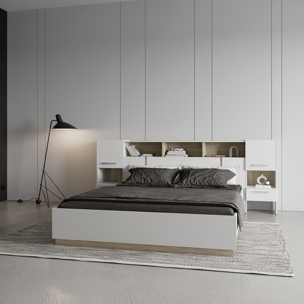 Interieurdecoratie met Bed met Minimalistisch Ontwerp Nord, neutrale tinten en hout