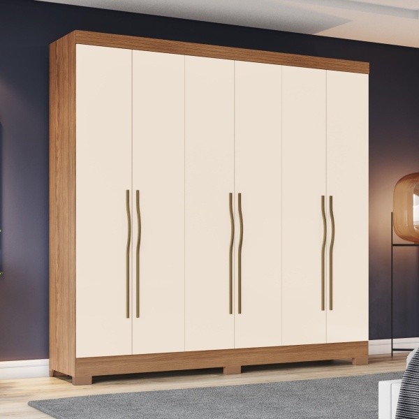Wilsor bicolour kledingkast met 6 deuren in moderne slaapkamer, eiken en beige afwerking