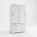 Witte kledingkast met schuifdeuren, vier laden, hangstang en planken