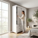 Witte kledingkast met schuifdeuren, vier laden, hangstang en planken