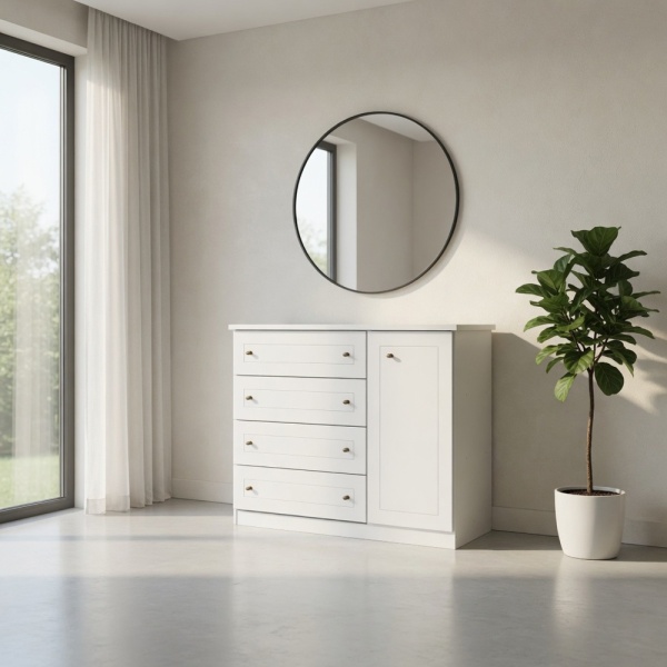 Tilium Vicawu ladekast 4 laden wit in moderne slaapkamer, met zijdeur en veel opbergruimte