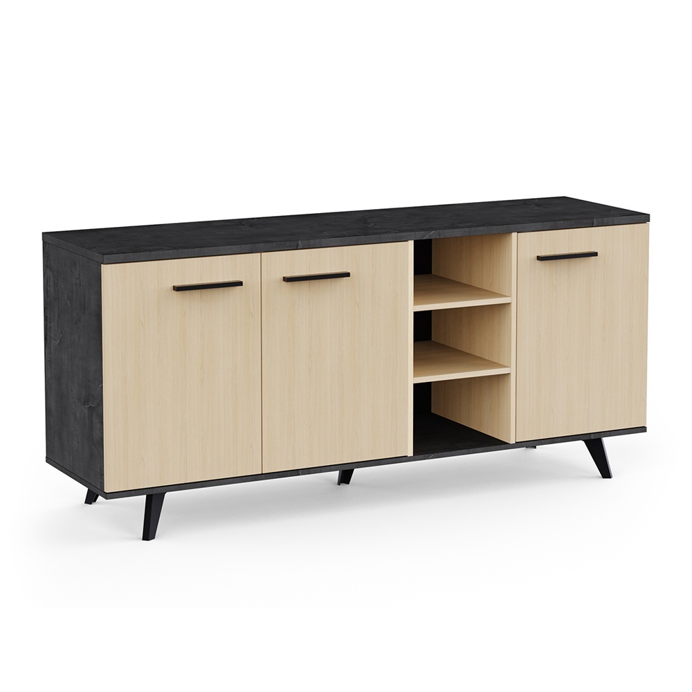 Dressoir 3 deuren Keny Vicawu in licht hout en grafietgrijs met planken en moderne metalen poten