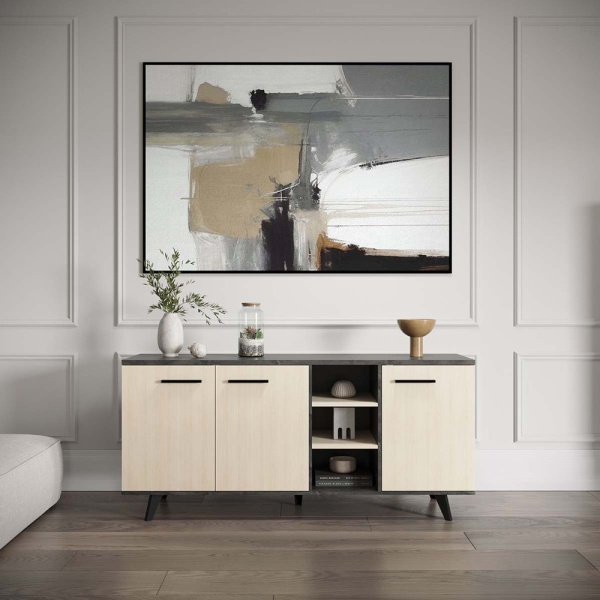 Dressoir Keny Vicawu 3 deuren in moderne woonkamer, meubel licht hout en grafietgrijs elegant