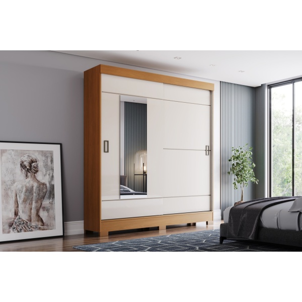 Kledingkast met lades Bayron in natuurlijk kaneel eiken en beige, modern schuifdeur ontwerp