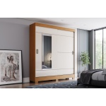 Kledingkast met lades Bayron in natuurlijk kaneel eiken en beige, modern schuifdeur ontwerp