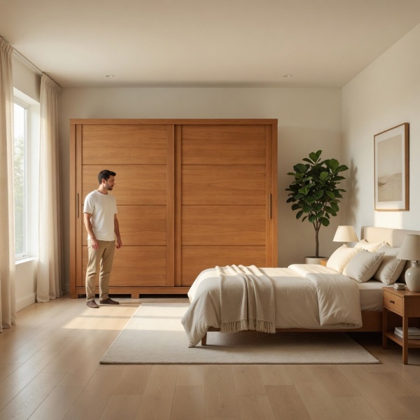 Genius kledingkast in moderne slaapkamer in kaneeleiken met schuifdeuren