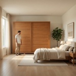 Genius kledingkast in moderne slaapkamer in kaneeleiken met schuifdeuren