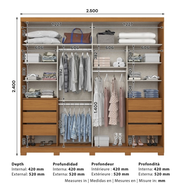 Afmetingen Rufus kast 250x240 cm met indeling en diepte details
