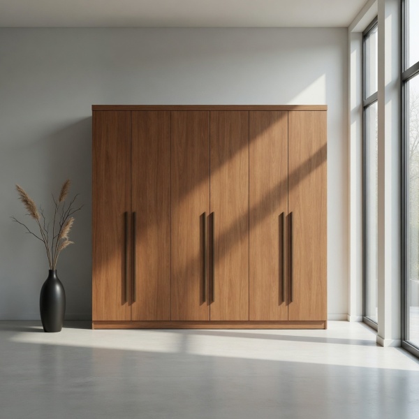 Blenda Vicawu 6-deurs kledingkast in eiken afwerking in moderne lichte slaapkamer